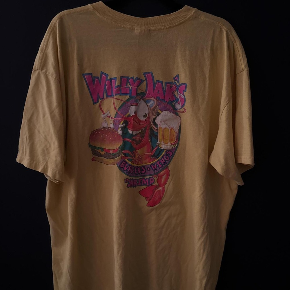 Vintage Anvil Willy Jak’s Burgers Wings and Shrimp Graphic T-Shirt Yellow 2XL